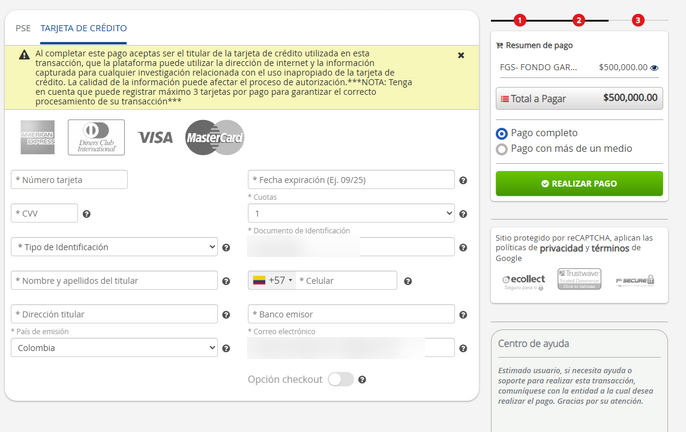 Formulario de pago con tarjeta de crédito y el resumen de pago